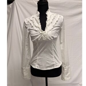 BCX Women White Ruffle V-Neck Long Sleeve Empire Waist Blouse Side Zip Small